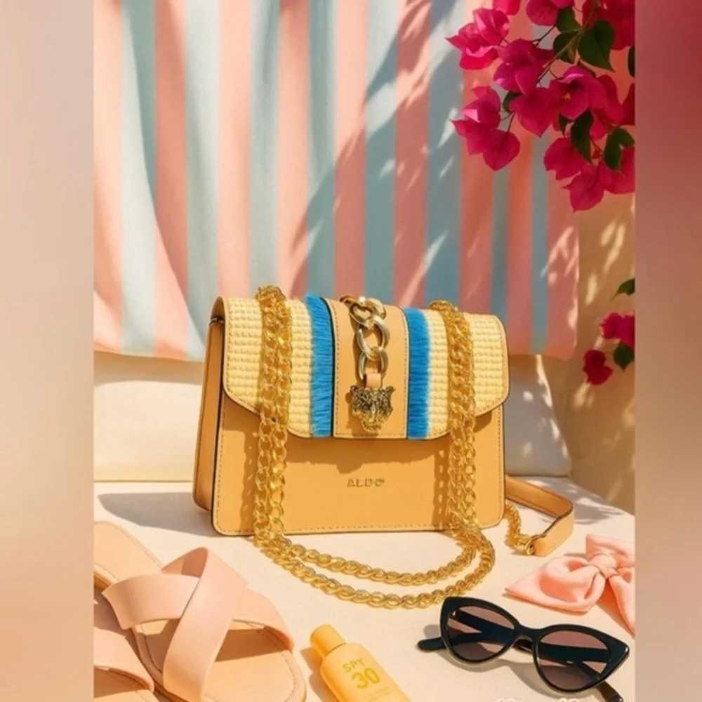 ALDO Raffia Chain Crossbody Bag Blue Fringe Gold Tiger Charm NWT